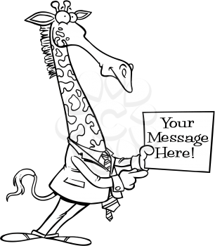 Royalty Free Clipart Image of a Giraffe in a Suit Holding a Sign