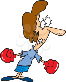 Royalty Free Clipart Image of a Fighting Mad Woman Wearing Boxing Gloves