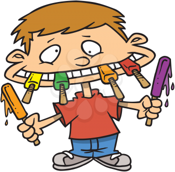 Royalty Free Clipart Image of a Boy With a Mouthful of Popsicles