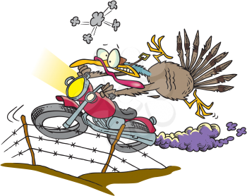 Royalty Free Clipart Image of a Turkey Escaping on a Motorcycle