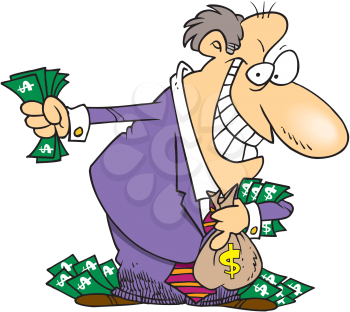 Royalty Free Clipart Image of a Greedy Man Holding Money