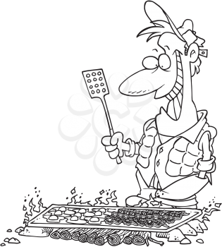 Royalty Free Clipart Image of a Man Cooking Over a Campfire