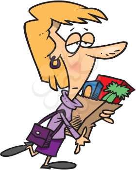 Royalty Free Clipart Image of a Weary Woman Carrying a Bag of Groceries