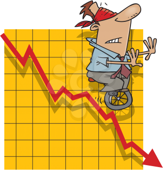 Royalty Free Clipart Image of a Blindfolded Man Riding a Unicycle Down a Chart