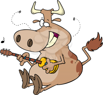 Royalty Free Clipart Image of a Cow Playing Ukelele