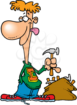 Royalty Free Clipart Image of a Guy With a Bag of Hammers