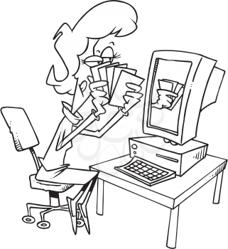 Royalty Free Clipart Image of a Woman Playing Cards at a Computer