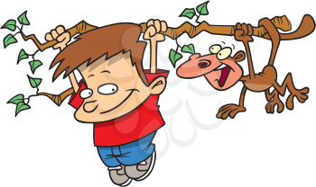 Royalty Free Clipart Image of a Dog Hanging Out on a Branch With a Monkey