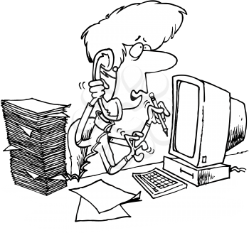 Royalty Free Clipart Image of a Woman at a Computer With Paperwork