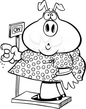 Royalty Free Clipart Image of a Pig Eating a Doughnut Standing on Scales