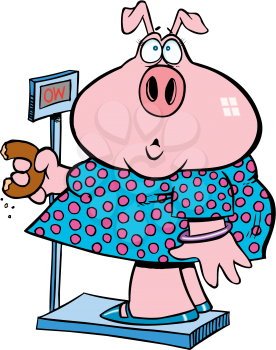 Royalty Free Clipart Image of a Pig Eating a Doughnut Standing on Scales