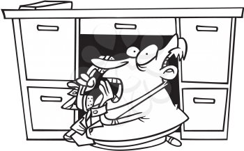Royalty Free Clipart Image of a Man Hiding Under a Desk