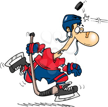 Royalty Free Clipart Image of a Puck Hitting a Hockey Player