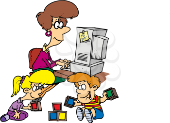 Royalty Free Clipart Image of a Woman Working at a Computer With Two Children Playing on the Floor