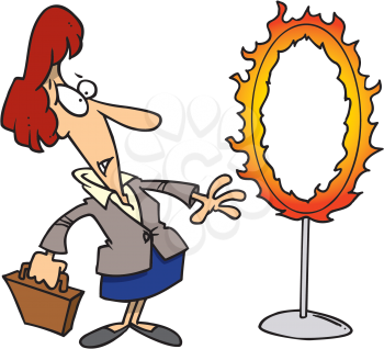 Royalty Free Clipart Image of a Woman Looking at a Hoop of Fire