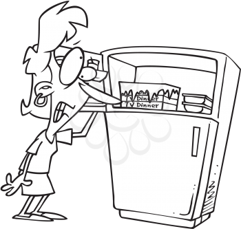 Royalty Free Clipart Image of a Woman Standing at a Refrigerator