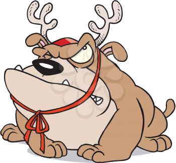 Royalty Free Clipart Image of an Angry Bulldog With Reindeer Antlers