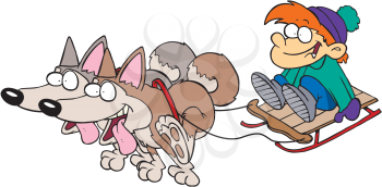 Royalty Free Clipart Image of a Child on a Sled With Dogs