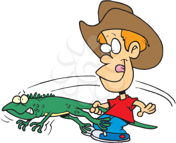 Royalty Free Clipart Image of a Boy Swinging an Iguana