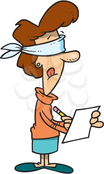 Royalty Free Clipart Image of a Woman Wearing a Blindfold Writing on a Piece of Paper