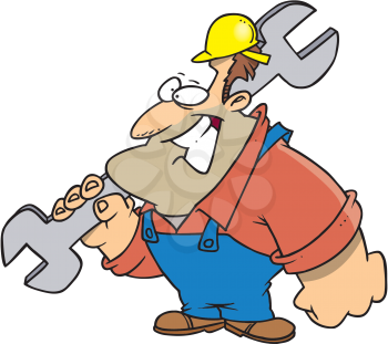 Royalty Free Clipart Image of a Man Carrying a Large Wrench