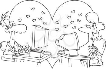 Royalty Free Clipart Image of Two People in Love at Computers
