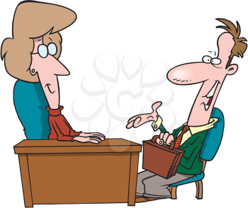 Royalty Free Clipart Image of a Man Talking to a Woman at a Desk