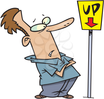 Royalty Free Clipart Image of a Man Looking at an Up Sign With an Arrow Down