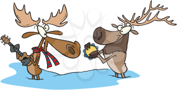 Royalty Free Clipart Image of Two Moose Playing Instruments