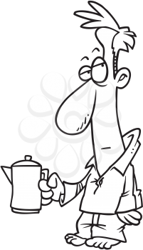 Royalty Free Clipart Image of a Man in His Pyjamas Carrying a Coffee Pot