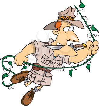 Royalty Free Clipart Image of a Hunter Swinging on a Vine