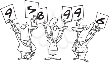 Royalty Free Clipart Image of Three Judges Holding Up Numbers