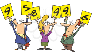 Royalty Free Clipart Image of Three Judges Holding Up Numbers