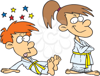 Royalty Free Clipart Image of a Girl Beating a Boy at Judo