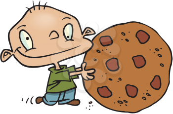 Royalty Free Clipart Image of a Boy With a Big Chocolate Chip Cookie