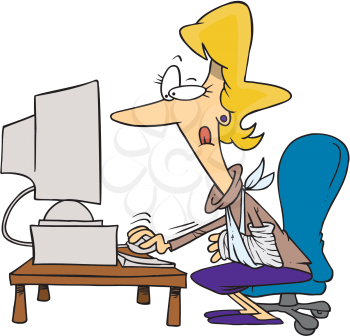 Royalty Free Clipart Image of a Woman With a Broken Arm Sitting at the Computer