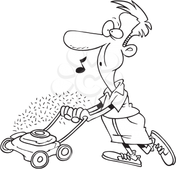 Royalty Free Clipart Image of a Man Mowing the Lawn and Whistling
