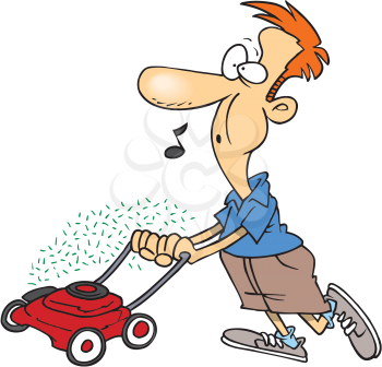 Royalty Free Clipart Image of a Man Whistling and Mowing the Lawn