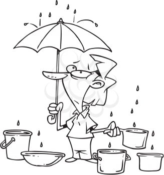Royalty Free Clipart Image of a Woman Holding an Umbrella Under Leaks
