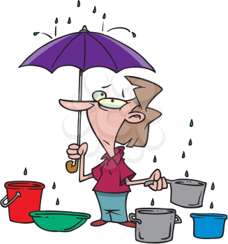Royalty Free Clipart Image of a Woman Holding an Umbrella Under Leaks