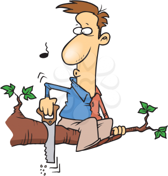 Royalty Free Clipart Image of a Man Cutting a Branch He's Sitting On