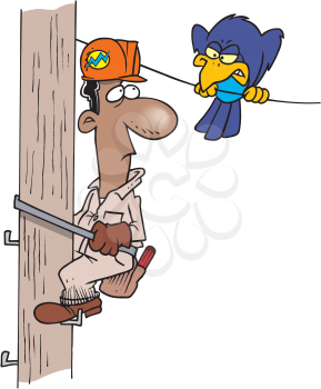 Royalty Free Clipart Image of a Hydro Lineman Looking at a Bird