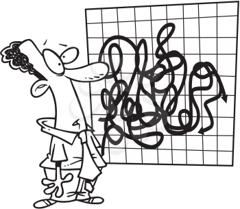 Royalty Free Clipart Image of a Man Looking at Mixed Lines on a Graph