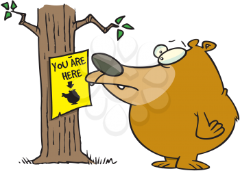 Royalty Free Clipart Image of a Bear Looking at a Sign