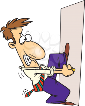 Royalty Free Clipart Image of a Man Pulling on a Door