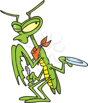 Royalty Free Clipart Image of a Praying Mantis Holding a Plate and a Fork