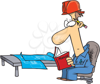 Royalty Free Clipart Image of a Man in a Hard Hat Reading a Manual