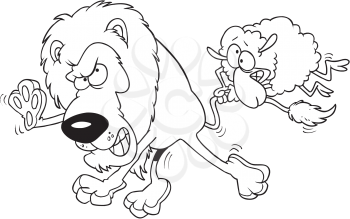 Royalty Free Clipart Image of a Sheep Hanging on to a Lion's Tail