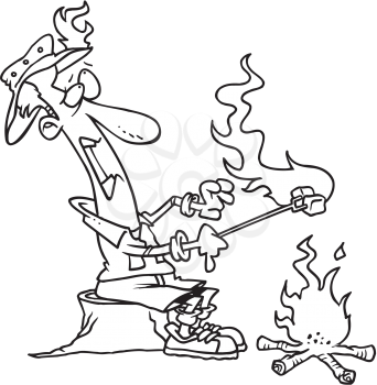 Royalty Free Clipart Image of a Man Catching Fire While Roasting Marshmallows