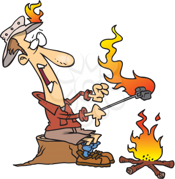 Royalty Free Clipart Image of a Man Catching Fire While Roasting Marshmallows